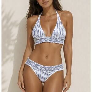 Heidi Klein NWT Cassis Smocked 2 Piece Halter Bikini Top Bottom Swimsuit Medium